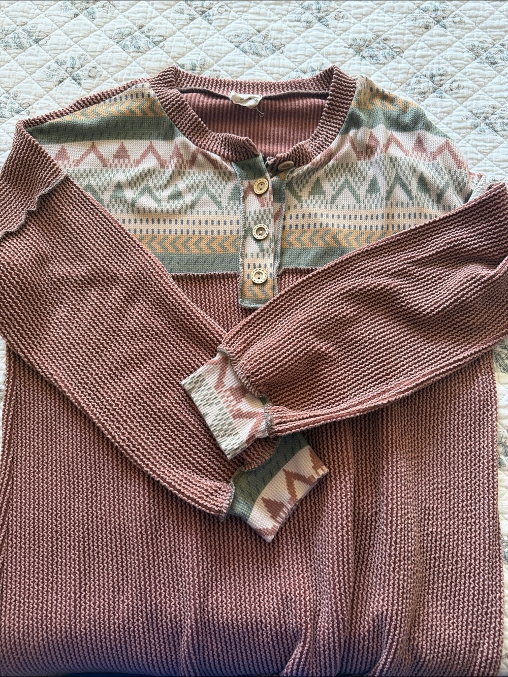 Lovely Melody Mauve Pink Knit Henley with Fair Isle Yoke